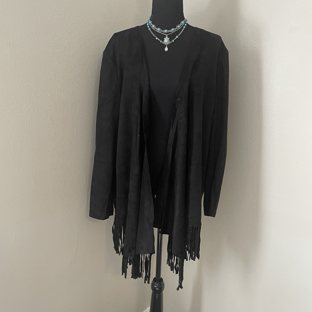 ALI‎ MILES Sz XL Black Faux Suede Fringe Open Front Jacket Western Festival Boho